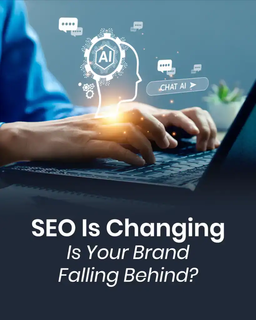 man typing on a laptop workin gon SEO in an AI world of AEO. Seo is changing.. is your brand falling behind? it reads