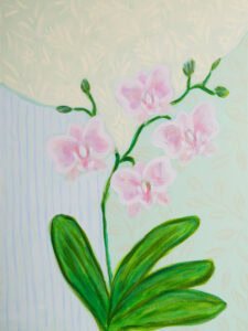 Orchids 1 by Bonnie Sorsby, pale pink orchid stems with green leaves against soft aqua striped and leaf patterned walls, 18x24 original painting