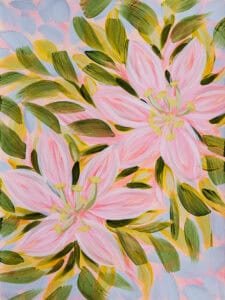 Living Like the Lilies 1 by Bonnie Sorsby, a painting of 2 soft pink lilies surrounded by green leaves on a lavender blue background