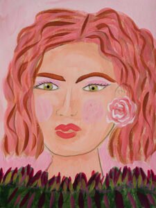 Trust Your Gut by Bonnie Sorsby, a painting of a woman with wavy coral pink hair, green eyes and a pink rose above a band of green and burgundy leaves