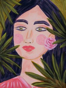 She Just Knew by Bonnie Sorsby, a painting of a woman with navy hair, green eyes, pink cheeks and a pink rose, framed by green palm leaves