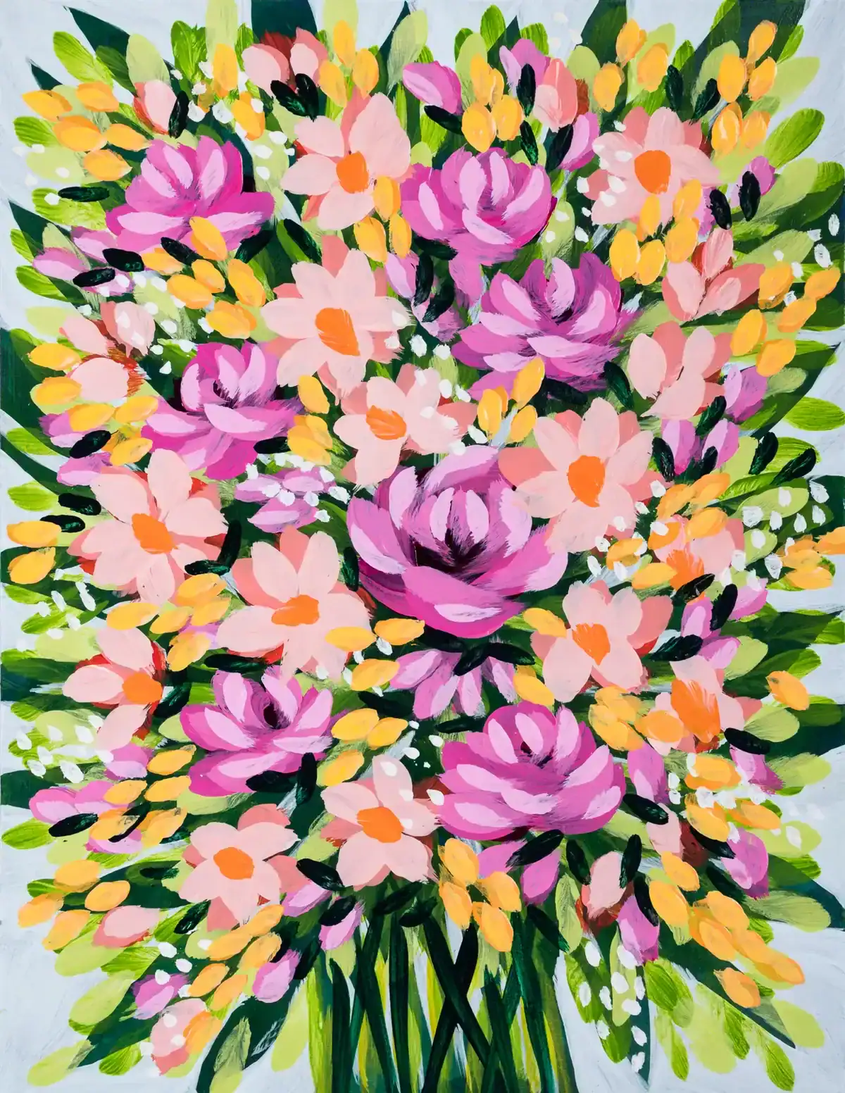 bright pink and orange abstract floral artwork on paper by florida artist