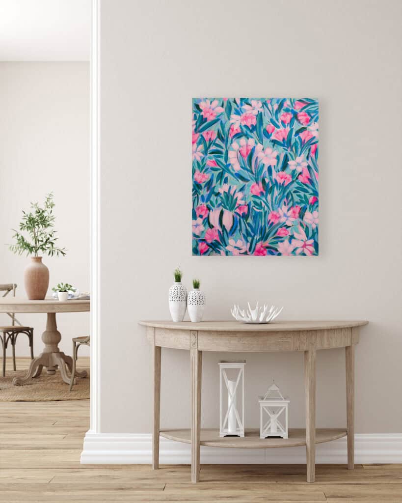 Bonnie Sorsby - Social - I just Wanna lay in it mockup Colorful pink and blue tropical floral painting on canvas styled above a minimalist entryway table