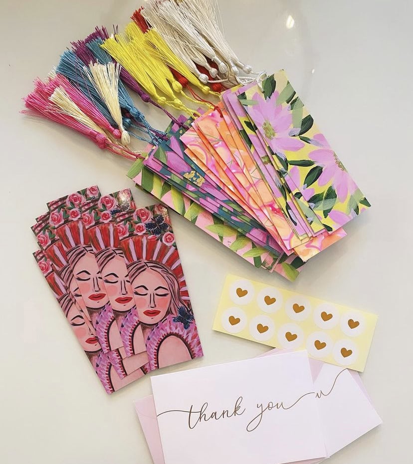 hand painted bookmarks by florida artist bonnie sorsby in a flat lay featuring her original artwork printed on bookmarks and cute thank you cards and stickers