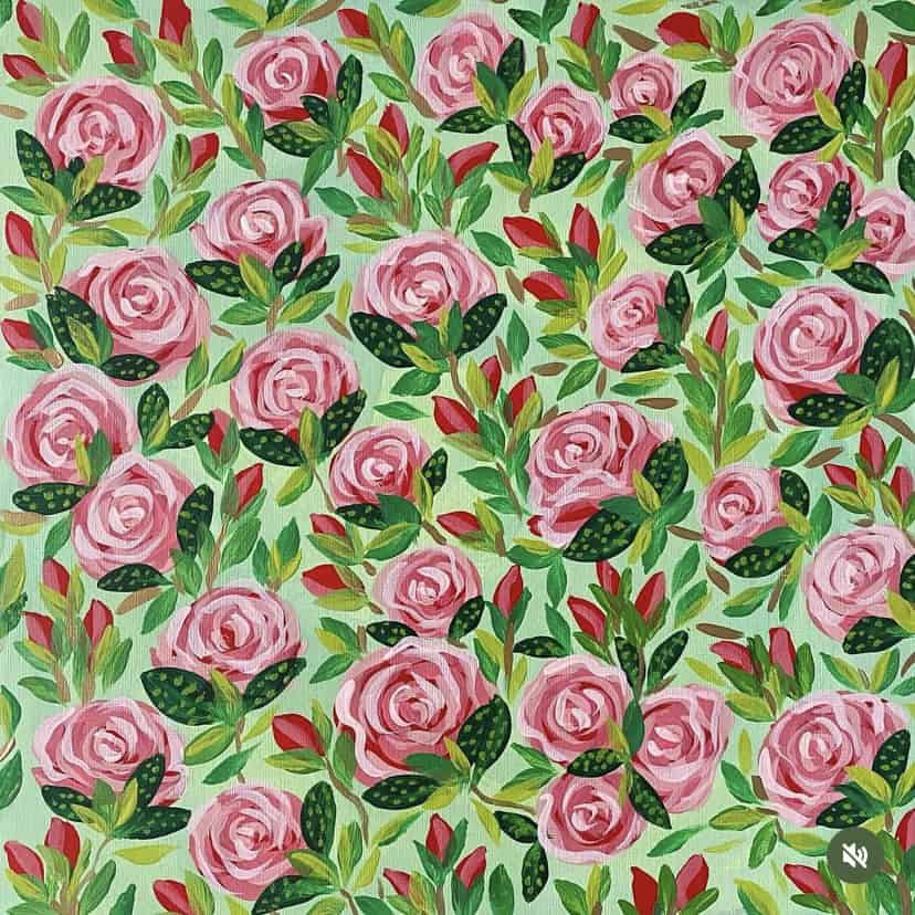 12x12" acrylic painting paper with rose floral pattern painted on it in strawberry color theme