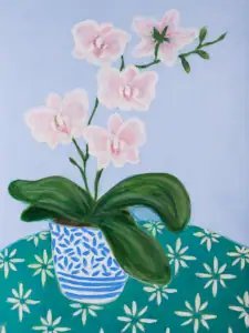 Orchids 2 by Bonnie Sorsby, pale pink orchids in a blue and white patterned pot on a teal daisy tablecloth against a periwinkle wall, 18x24 original painting