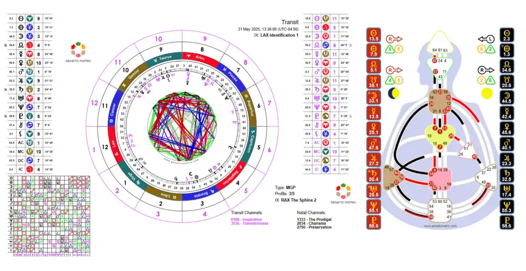 human design and astrology charts side by side for energetic business strategy, charts provided by genetic matrix