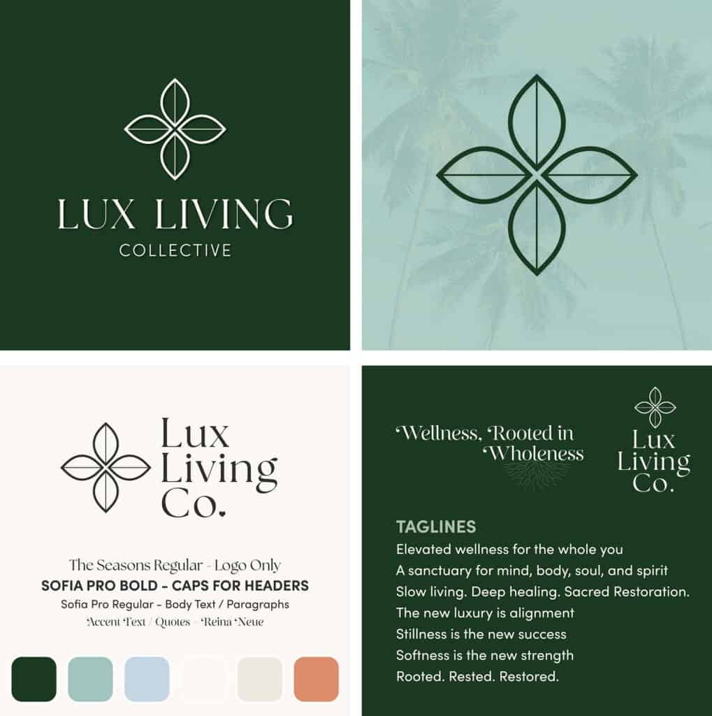 main logos and palette copy 2 A fuller look at a brand identity deck for Lux Living Collective, including logos, fonts, color palette, and strategy-driven brand positioning.