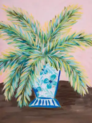 original painting in acrylic of palm tree fronds in a blue and white floral vase by palm beach florida artist bonnie sorsby