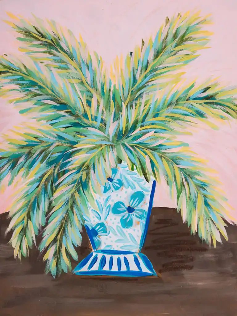 original painting in acrylic of palm tree fronds in a blue and white floral vase by palm beach florida artist bonnie sorsby