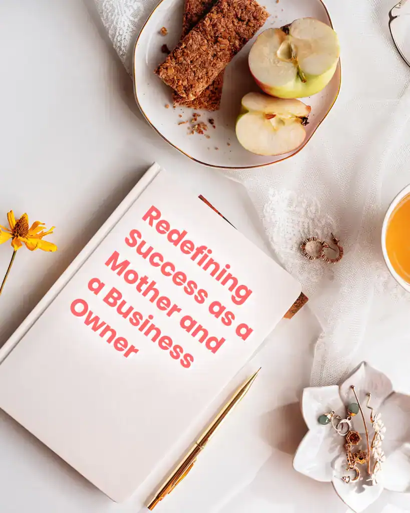 redefining success as a mother and business owner on a book or journal cover flat lay feminine styling with a cup of tea, pen, and jewelry