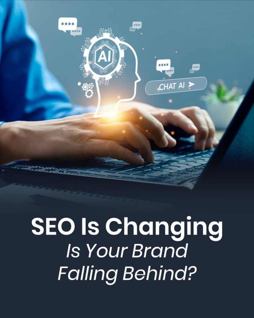 seo is changing - is your brand falling behind? person shown at computer searching on a laptop and speaking to an ai chatbot for their search needs header for a blog post on the changing landscape of SEO and aeo and what entrepreneurs need to know to stay visible