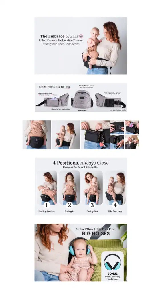 Amazon A+ content showing a baby carrier worn in different positions by a mother with her infant, featuring lifestyle images, icons, and benefits like ergonomic support and close contact.