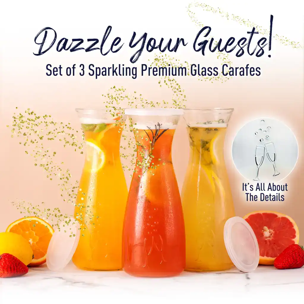 Set of colorful carafes filled with sparkling drinks and oranges on a pink background, with callout text elements like ‘It’s All About The Details’—example of an Amazon product infographic.