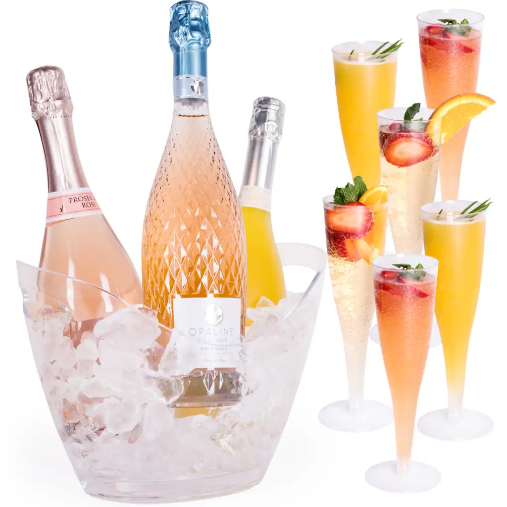 Bottles of champagne and cocktail glasses displayed on a clean white background with ice bucket, showcasing Amazon-compliant product photography.