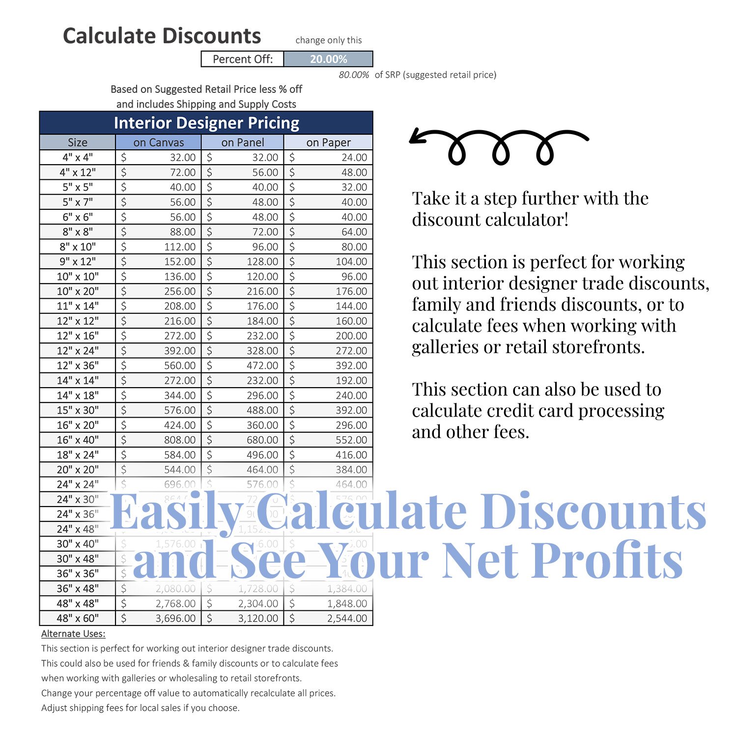 Artwork pricing calculator discount tool showing interior designer pricing by size on canvas, panel, and paper.
