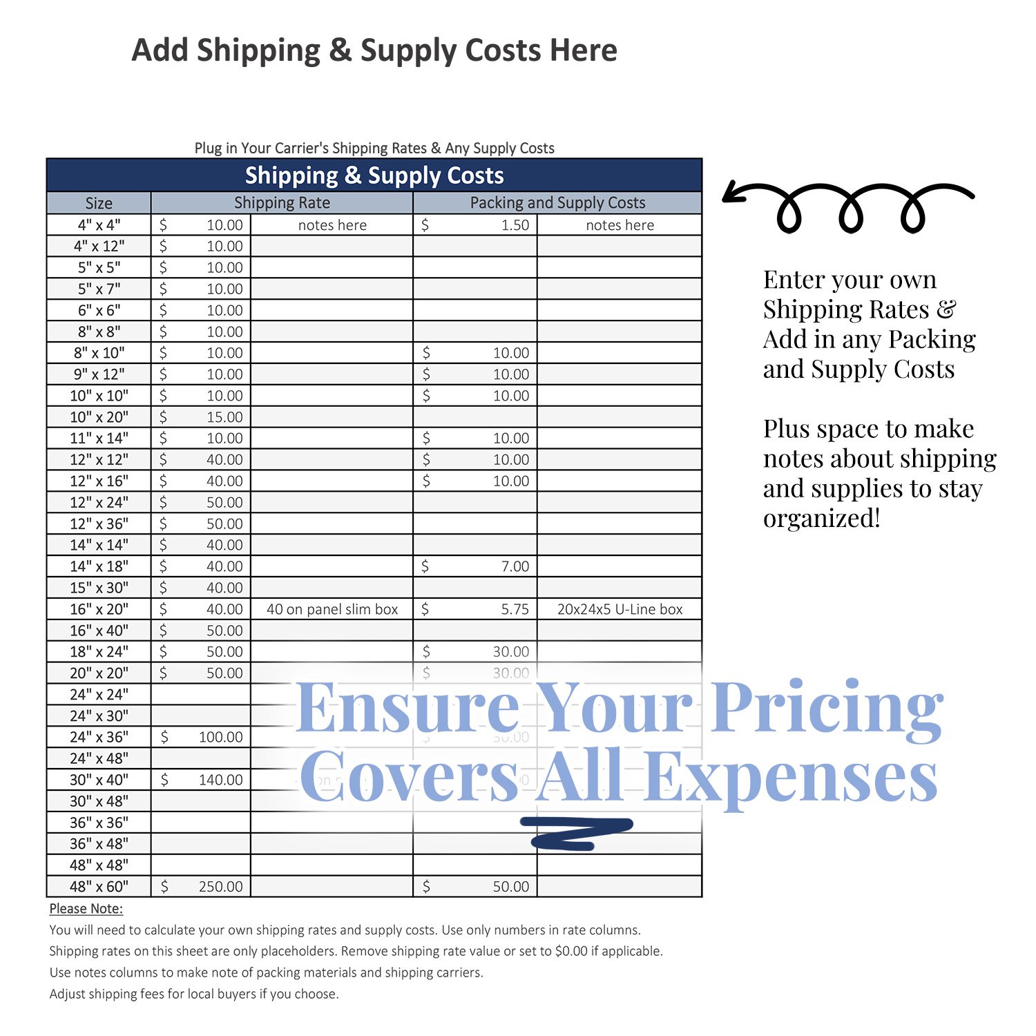 Artwork pricing calculator shipping and supply cost chart with customizable rates by size.
