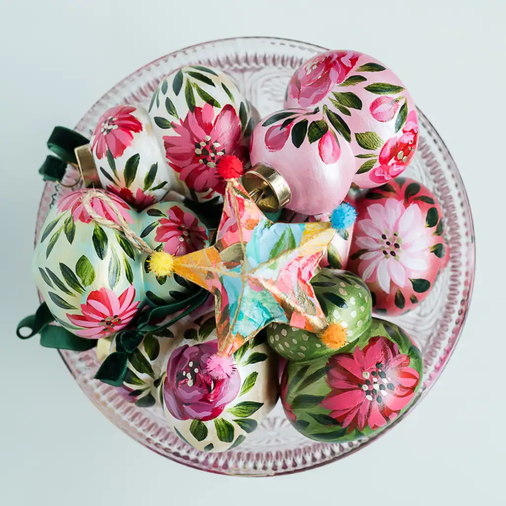 hand painted floral christmas ornaments by florida artist