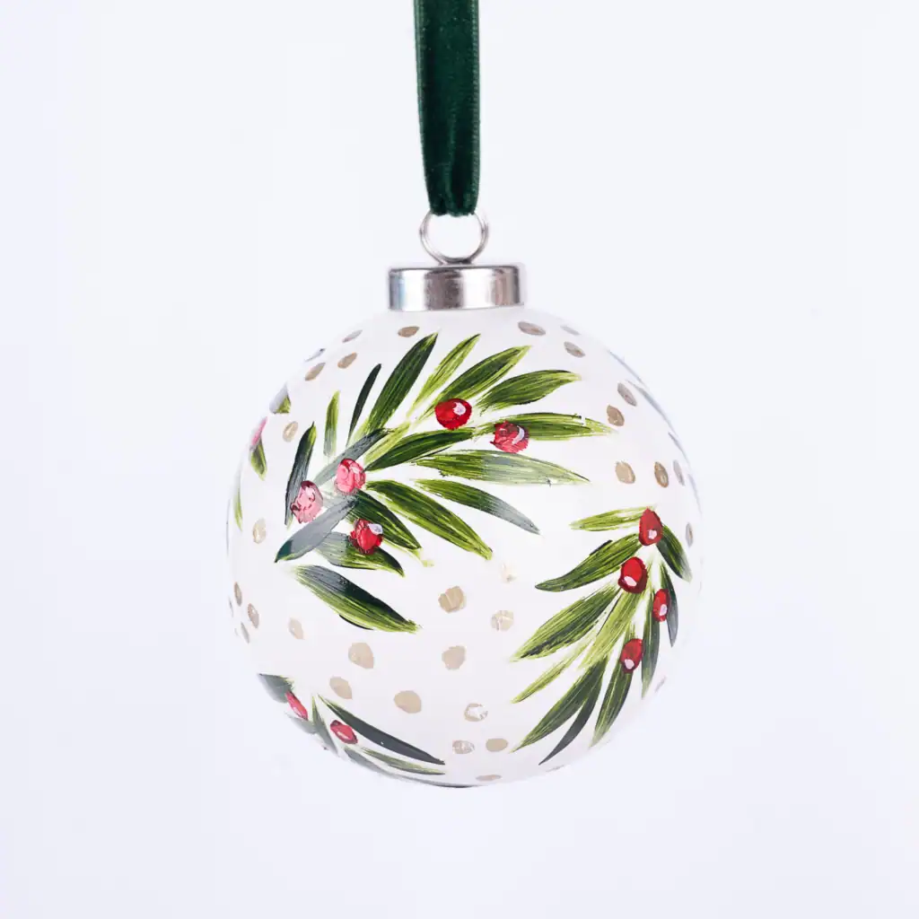 Floral hand painted baubles with lush green leaves, unique Christmas ornaments crafted by an independent artist.