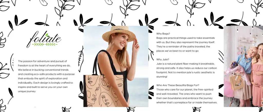 Young woman wearing a hat and holding an abstract face art tote bag in a lifestyle photo with branded background and marketing copy for Foliate.