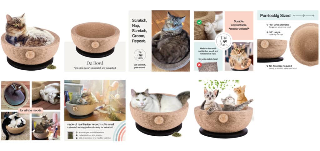 Da Bowl 10pg artboard copy Series of images showing cats using a round felted wool cat bed with product features highlighted through lifestyle photos and Amazon-style infographic design.