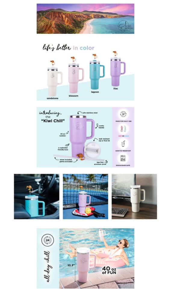 KIWI MOA TUMBLER A+ TEMPLATE final A+ content for a colorful tumbler drinkware set with labeled parts, lifestyle flat lay imagery, pastel palette, and sections promoting leak-proof design and easy cleaning.