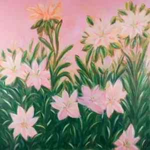 lush florals in soft pinks and leafy greens set against a glowing, peachy-pink sky