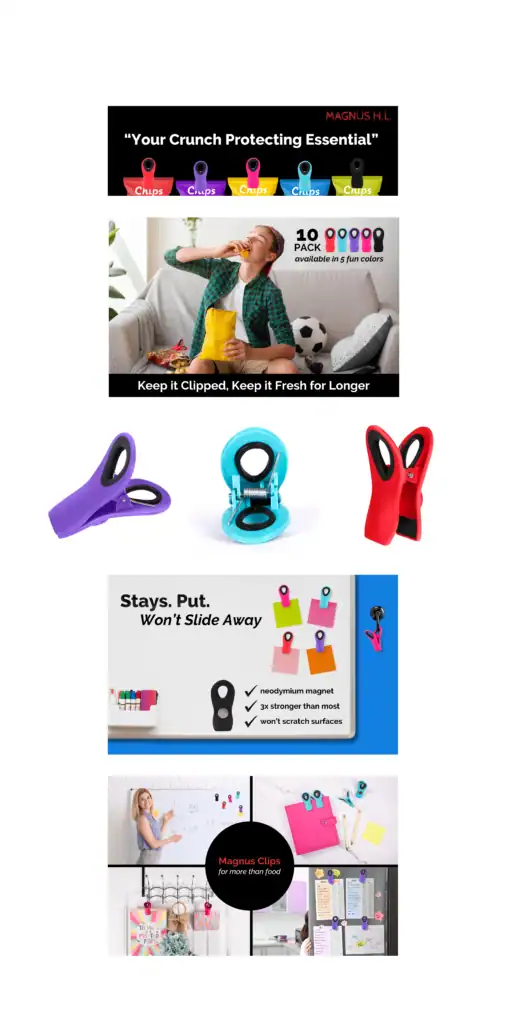 Bright, colorful infographic layout for a snack clip set highlighting features like ‘Your Crunch Protecting Essential,’ lifestyle images with kids, and product use for keeping bags sealed.