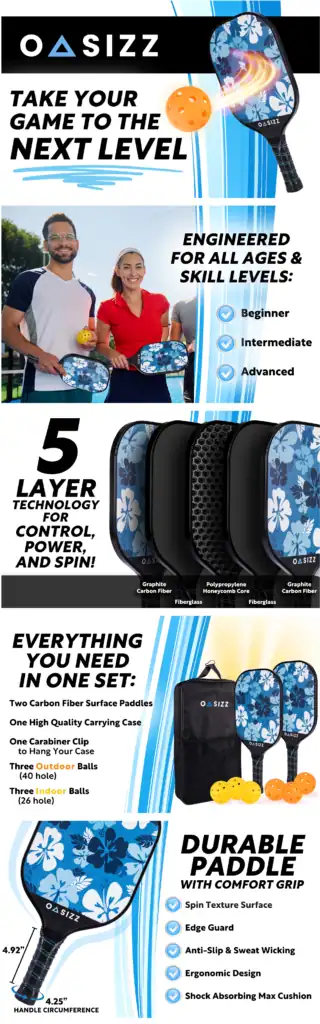 A+ content for Oasizz pickleball paddle set, highlighting durability, comfort grip, multi-layer construction, and product sizing. Includes lifestyle images of people playing and feature callouts for beginner to advanced levels.