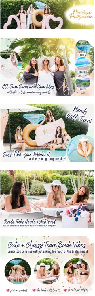 Vibrant lifestyle A+ content featuring women in matching swimsuits with branded pool floats, emphasizing beach vibes, sparkle, and summer fun with custom messaging and callouts.