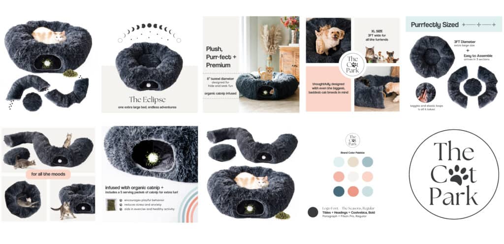 The Eclipse Cat Donut Tunnel 10pg artboard copy Multi-image layout of a modular black cat bed system called The Cat Park, with feature callouts, lifestyle shots of cats, and infographic-style text.