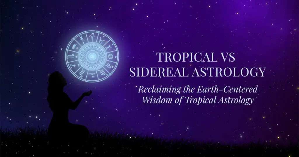 womans silhouette against a dark, star-filled night sky holding a mystical zodiac wheel. tropical vs sidereal astrology and reclaiming the wisdom of earth-centered tropical astrology