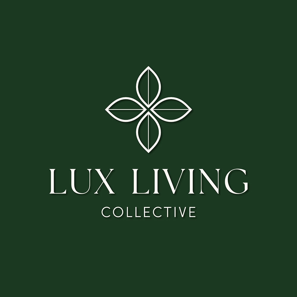 Lux Living Collective logo design — modern editorial branding with geometric flower mark in gold and deep green.
