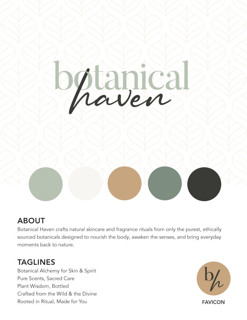 Elegant brand logo design for Botanical Haven, a natural skincare and wellness brand, featuring refined serif typography paired with organic script lettering.