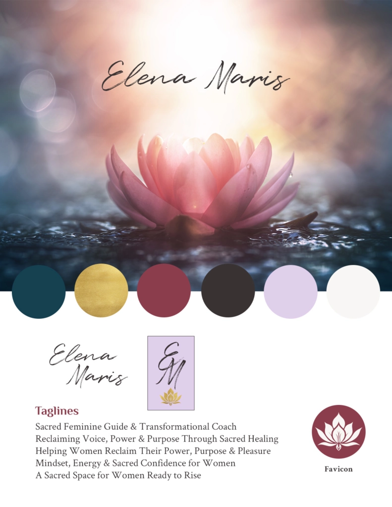 Spiritual web design brand concept for Elena Maris, a sacred feminine guide and transformational coach, featuring lotus logo, color palette, and typography.