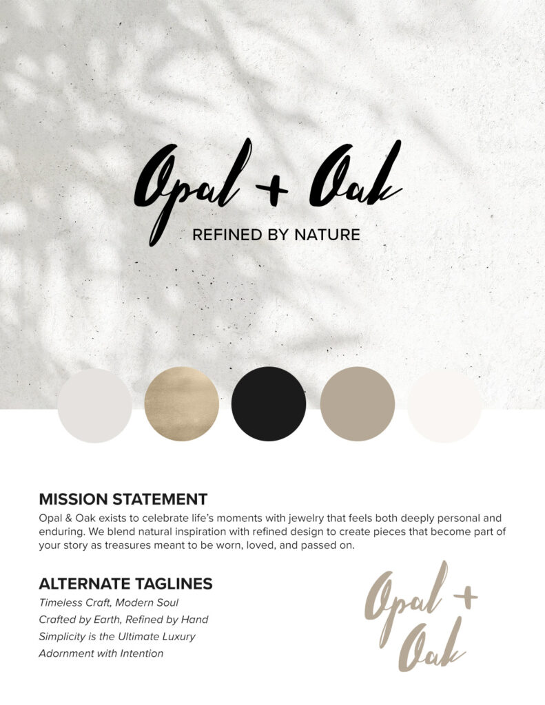 Luxury brand identity design for Opal + Oak featuring hand-lettered script logo with modern sans-serif typography in a circular emblem
