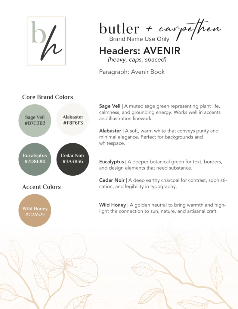 Botanical-inspired color palette for Botanical Haven with soft neutral shades, muted greens, and earthy tones for organic beauty branding.