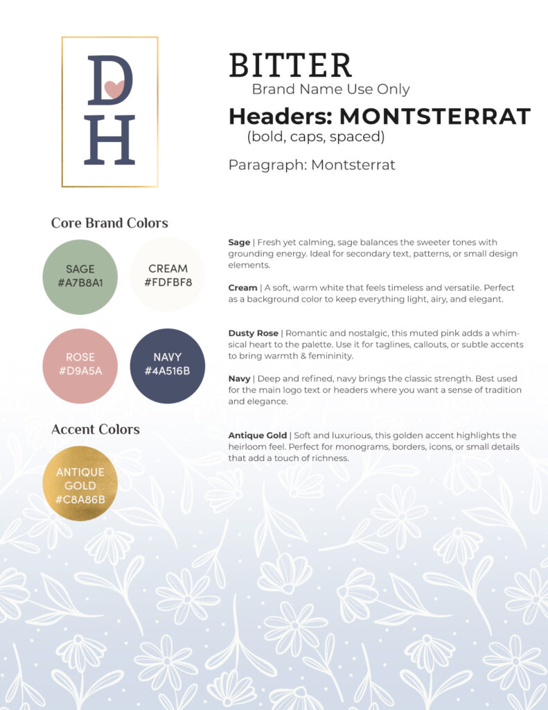 Darling House style guide—DH monogram with heart, Montserrat type specs, core colors (sage, cream, dusty rose, navy) plus antique gold accent and floral pattern background.