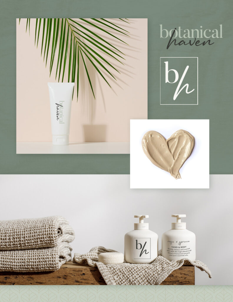 Packaging and label design mockups for Botanical Haven’s skincare products, including soap bottle labels and eco-conscious branding applications.