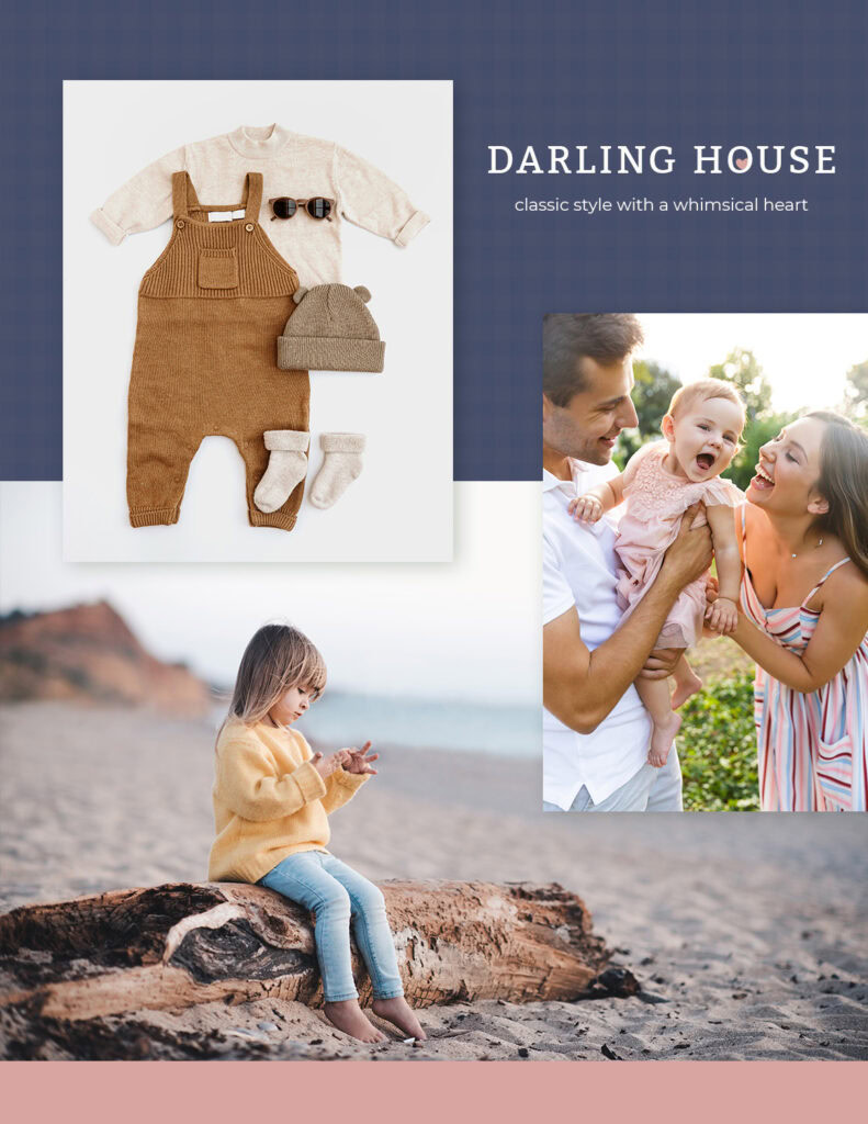 Darling House lifestyle moodboard—baby outfit flat lay (sweater, knit overalls, beanie, socks), beach family photos, navy plaid backdrop with logo and tagline.