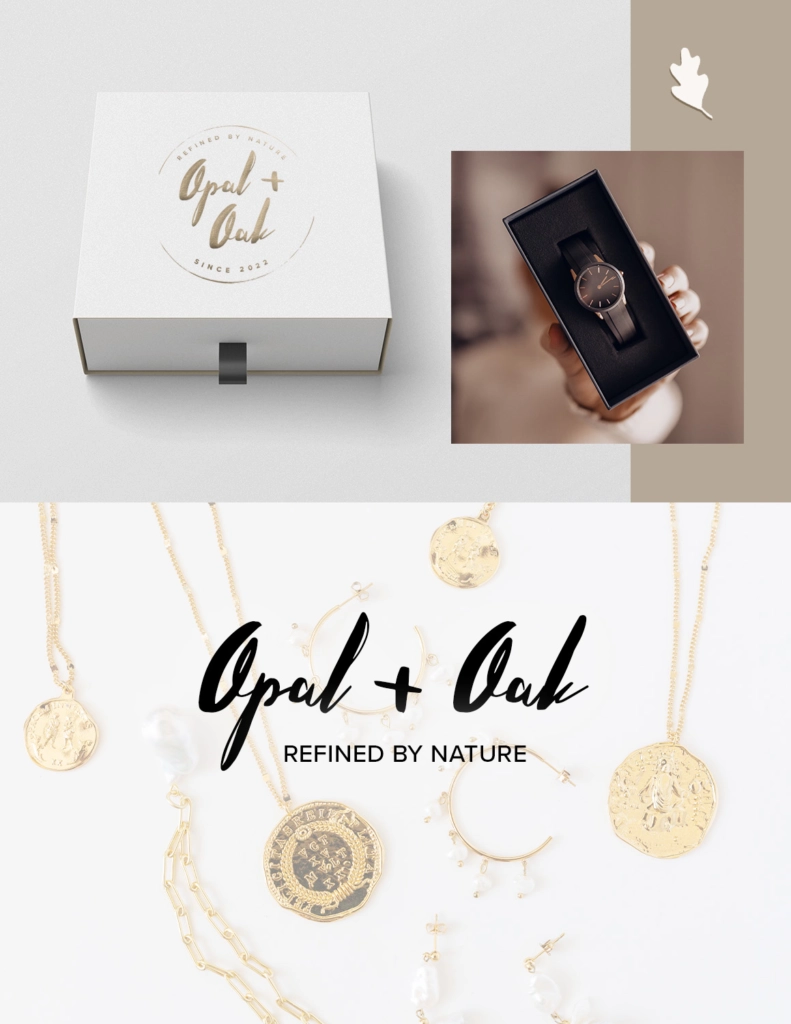 Branded packaging and marketing mockups for Opal + Oak, including product cards, digital assets, and luxury label designs in a cohesive visual identity.