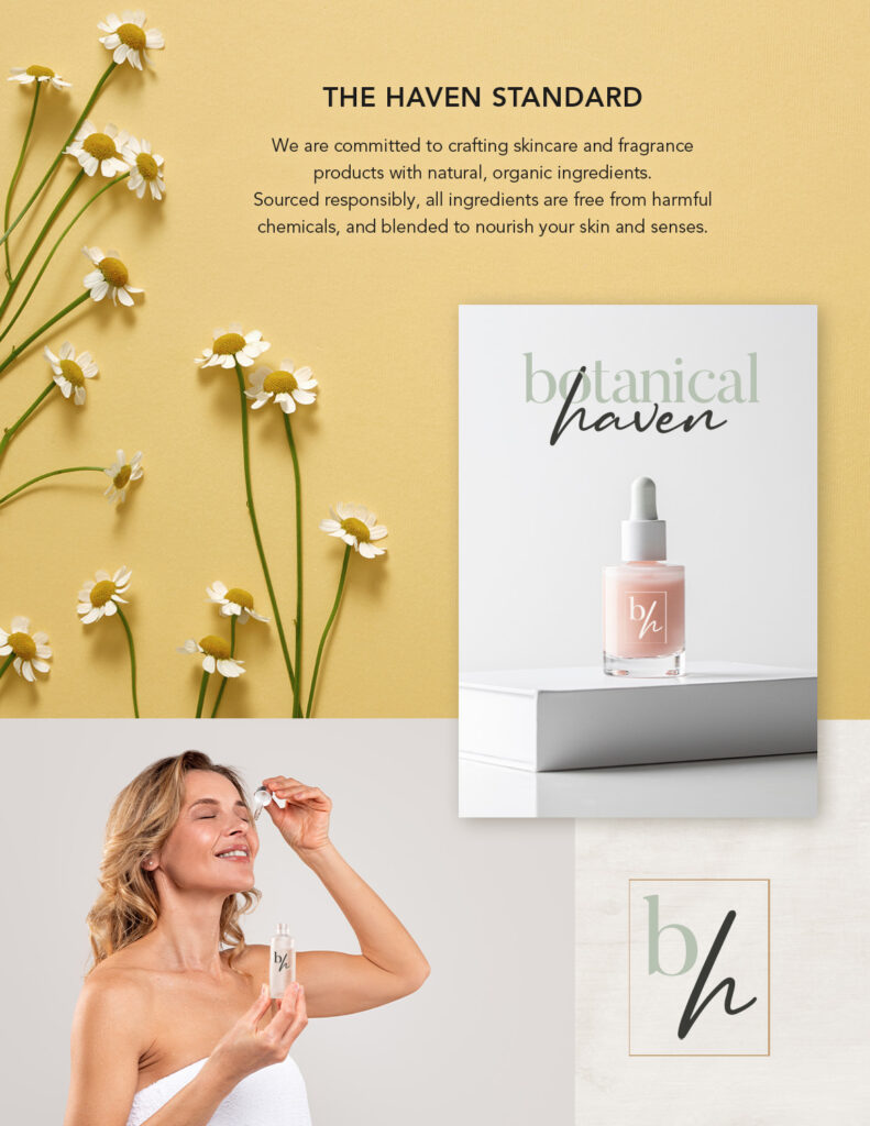 Botanical Haven brand identity mockup featuring elegant serif and script logo, earthy green and neutral color palette, and minimal packaging design for natural organic skincare.
