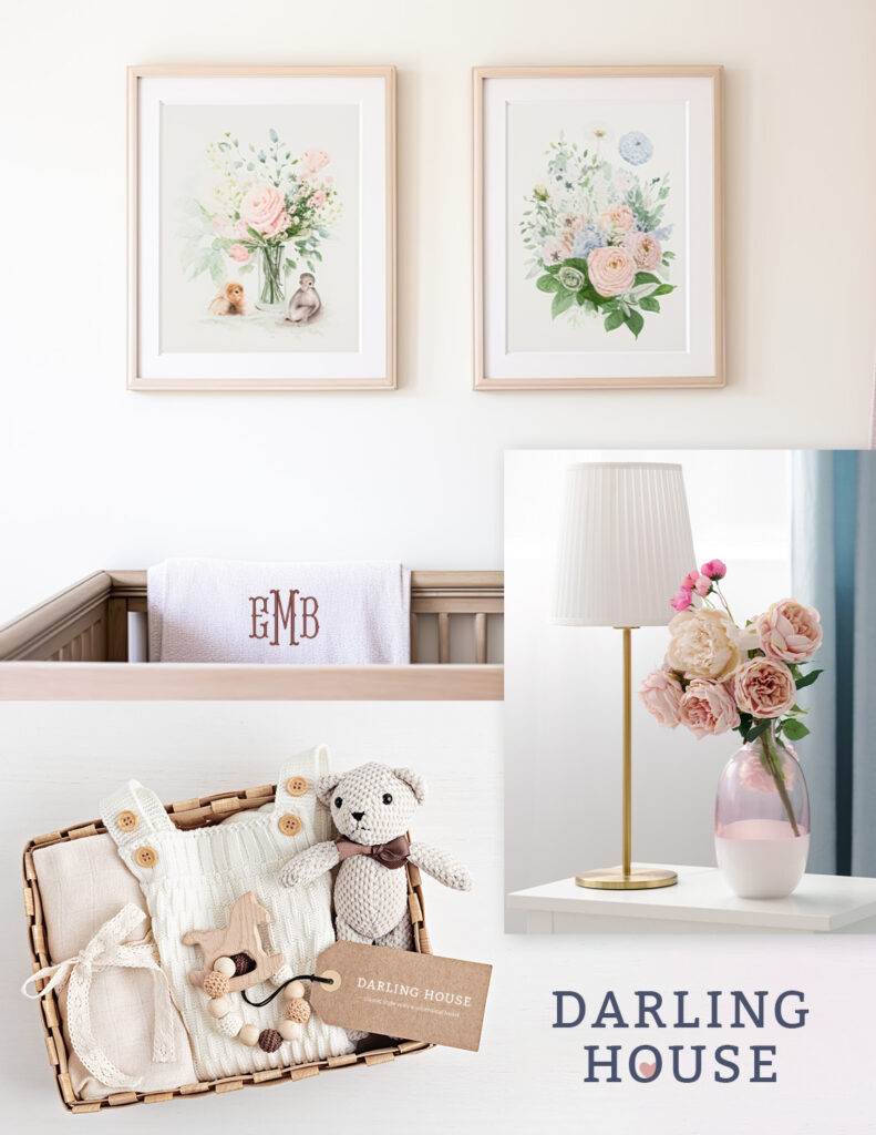 Darling House nursery & gifting—floral art prints above crib with monogram towel, roses and lamp vignette, baby gift basket with knit bear and branded hangtag.