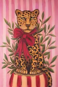 Showing Up by Bonnie Sorsby, a painting of a leopard wearing a big red bow and sitting on a red and cream striped pedestal against pink stripes