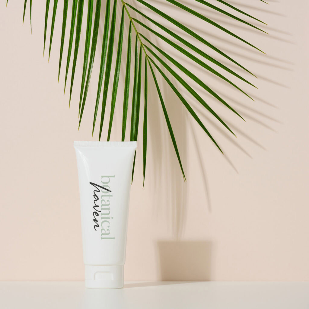 Editorial logo and packaging design for Botanical Haven — minimalist branding on beauty and skincare products.