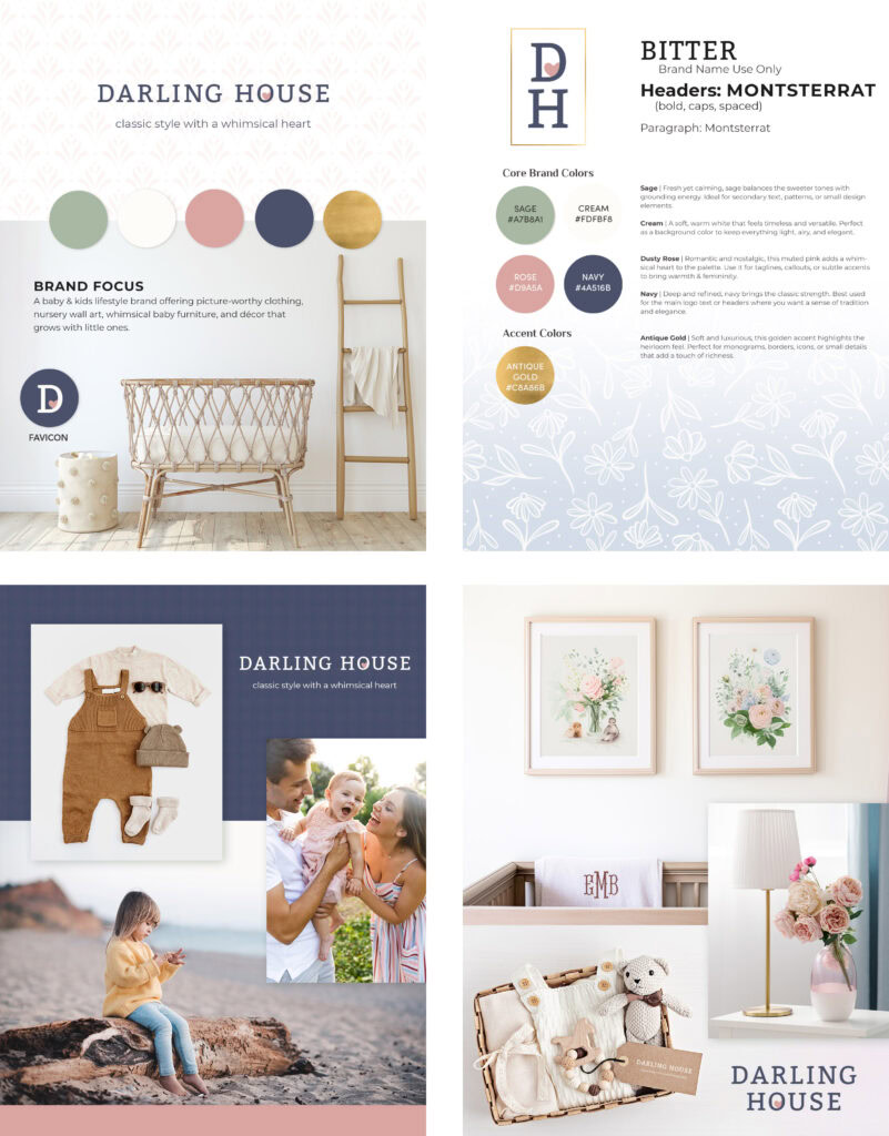 Grandmillennial brand identity mockups for Darling House, featuring logo design, color palette, stationery, packaging, lifestyle imagery, and nursery décor applications.