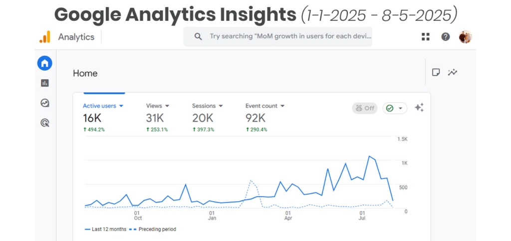 Google Analytics line graph showing slow and steady website traffic growth over the past year, highlighting consistent progress in wellness marketing.