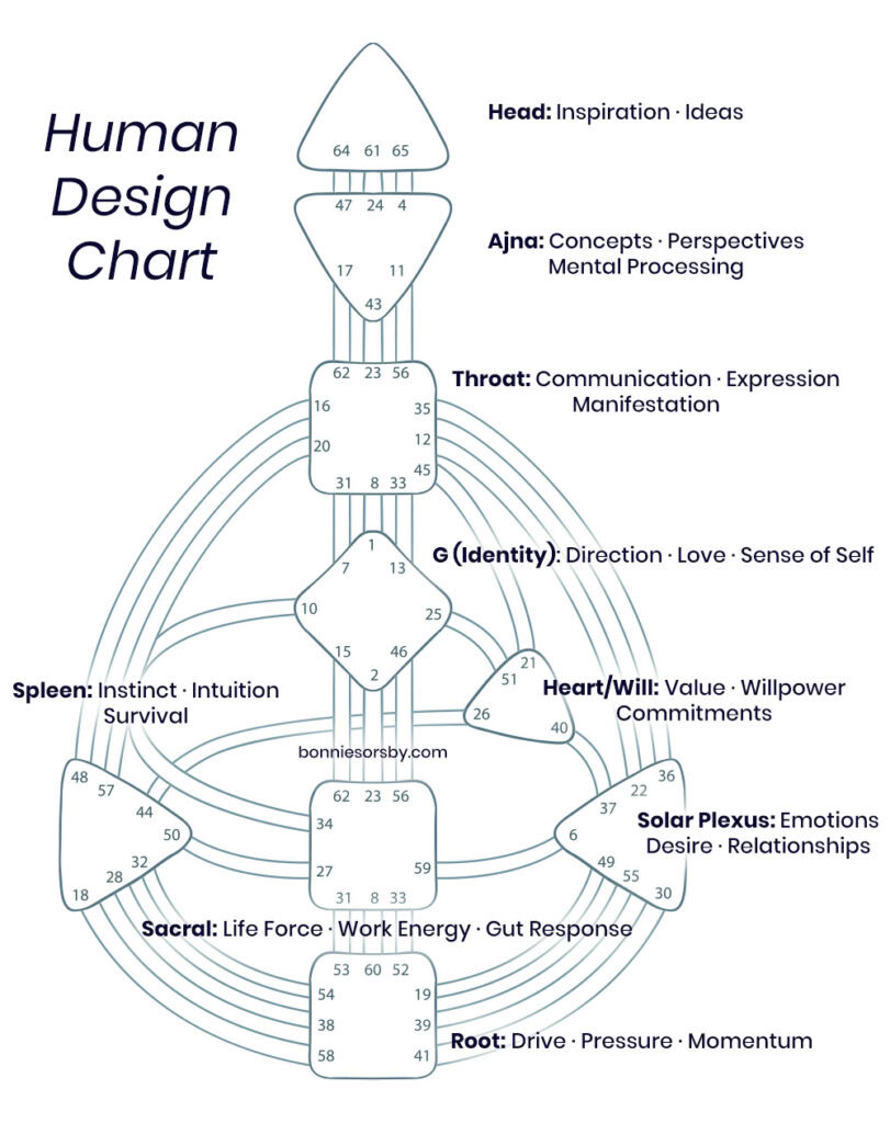 Blank Human Design chart outline showing the nine energy centers: head, ajna, throat, identity, heart, solar plexus, sacral, spleen, and root.