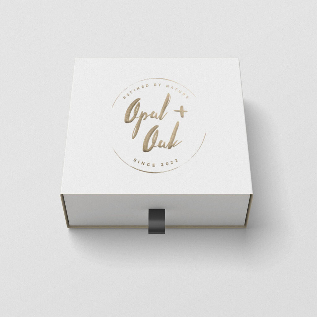 Opal + Oak logo design on packaging box — minimalist branding with handcrafted, editorial style lettering.