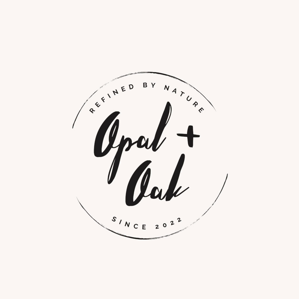 Circular stamp-style logo for Opal + Oak — modern minimalist design with natural, organic branding elements.